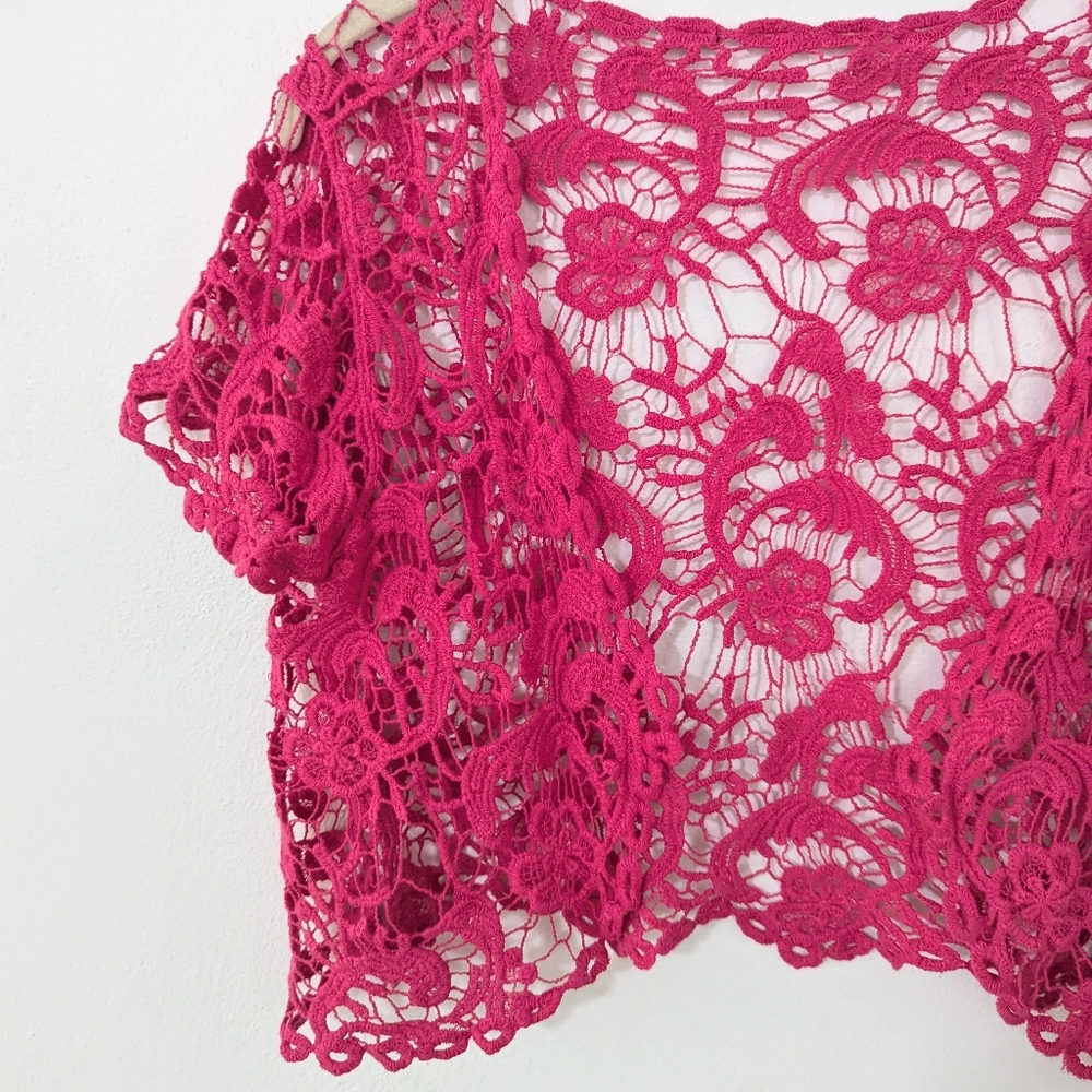Vintage Y2K Open Crochet Short Sleeve Top Open Front Scalloped Knit Pink XL - Picture 2 of 7